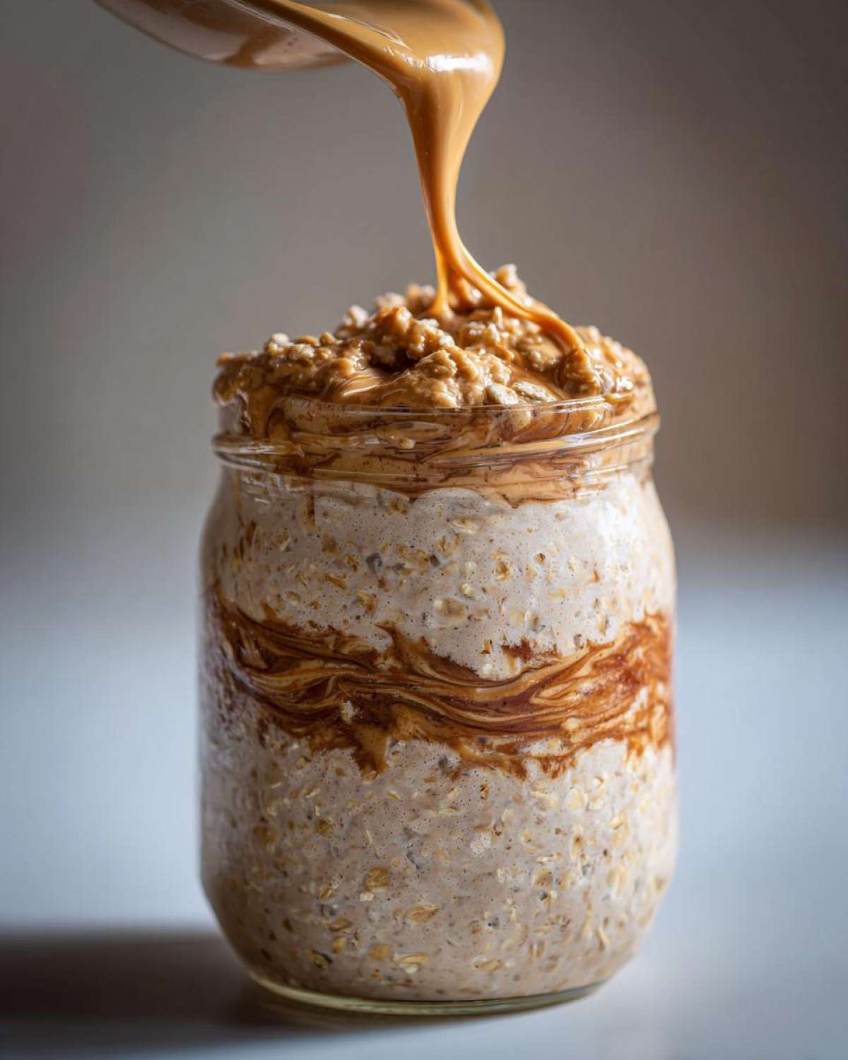A jar of High-Protein Peanut Butter Overnight Oats being topped with a thick drizzle of melted peanut butter.