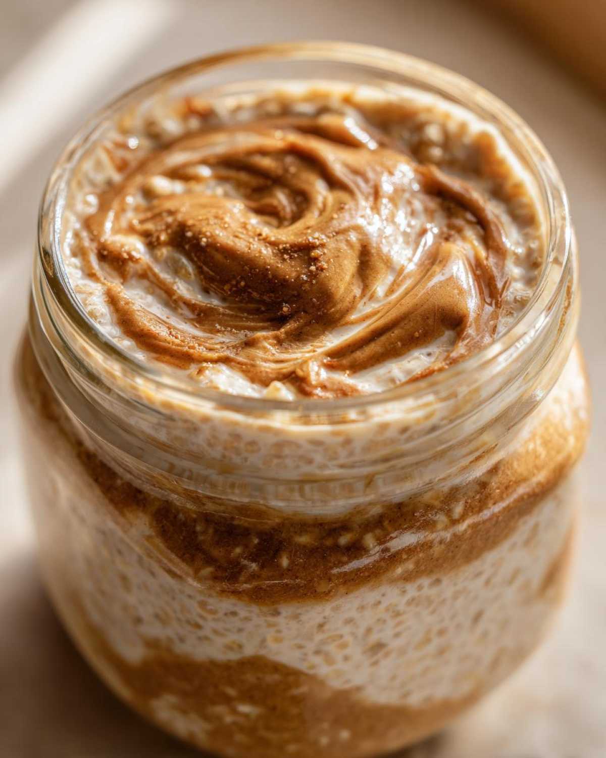 Close-up of High-Protein Peanut Butter Overnight Oats topped with a swirl of peanut butter and cinnamon.