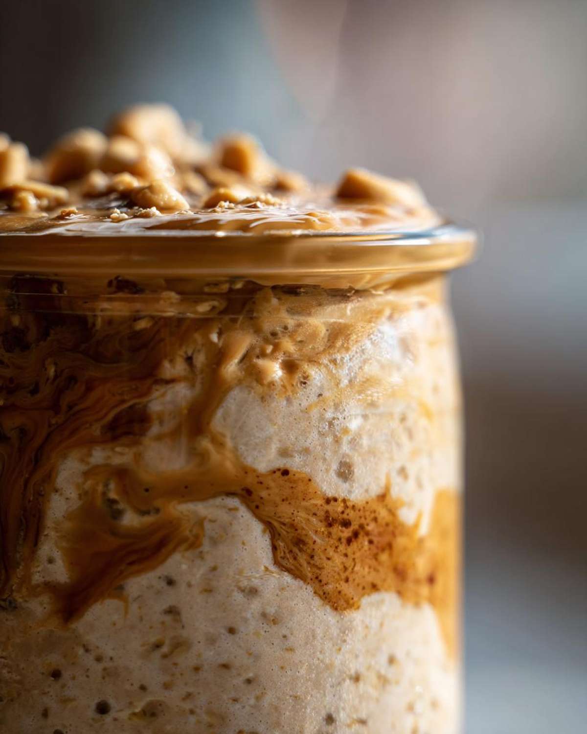 Close-up of creamy High-Protein Peanut Butter Overnight Oats swirled with peanut butter in a glass jar, topped with chopped peanuts.