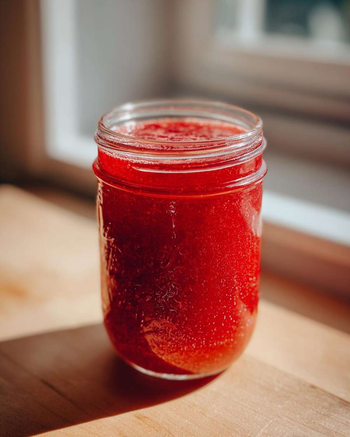Vibrant red Homemade Strawberry Lemonade Concentrate stored in a clear glass mason jar.