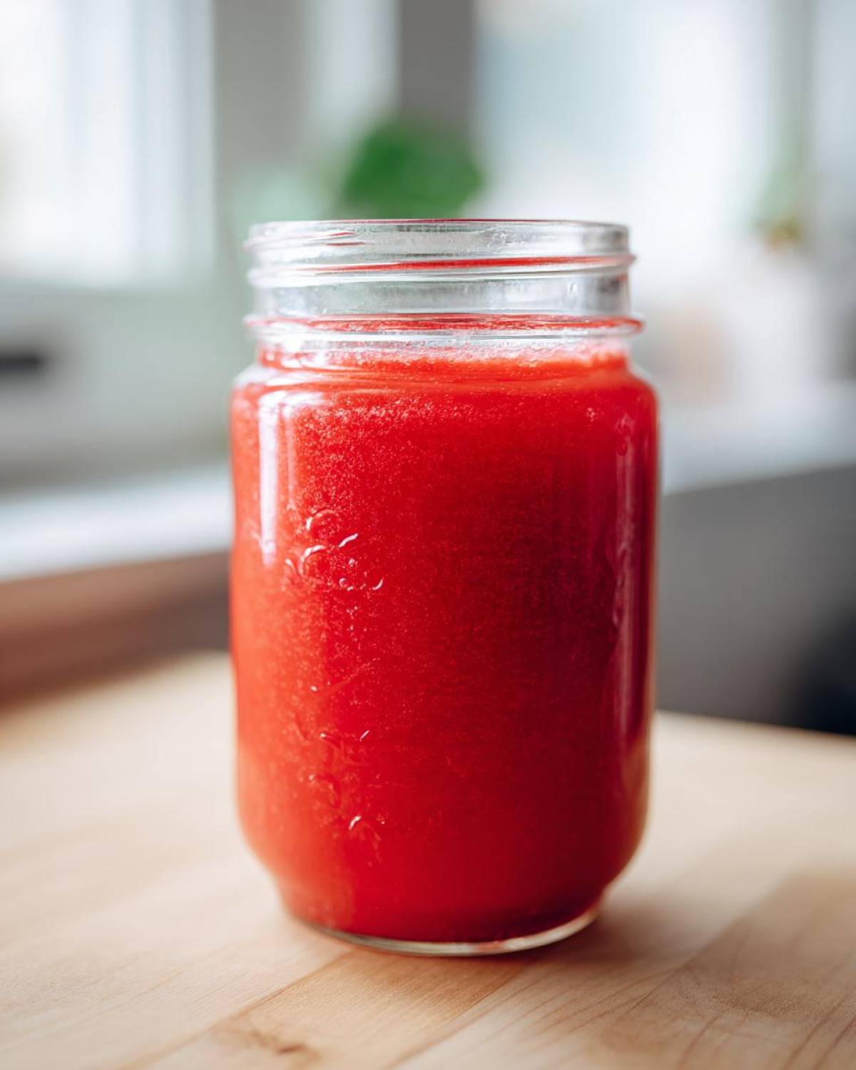 A glass mason jar filled with bright red Homemade Strawberry Lemonade Concentrate sitting on a wooden surface.