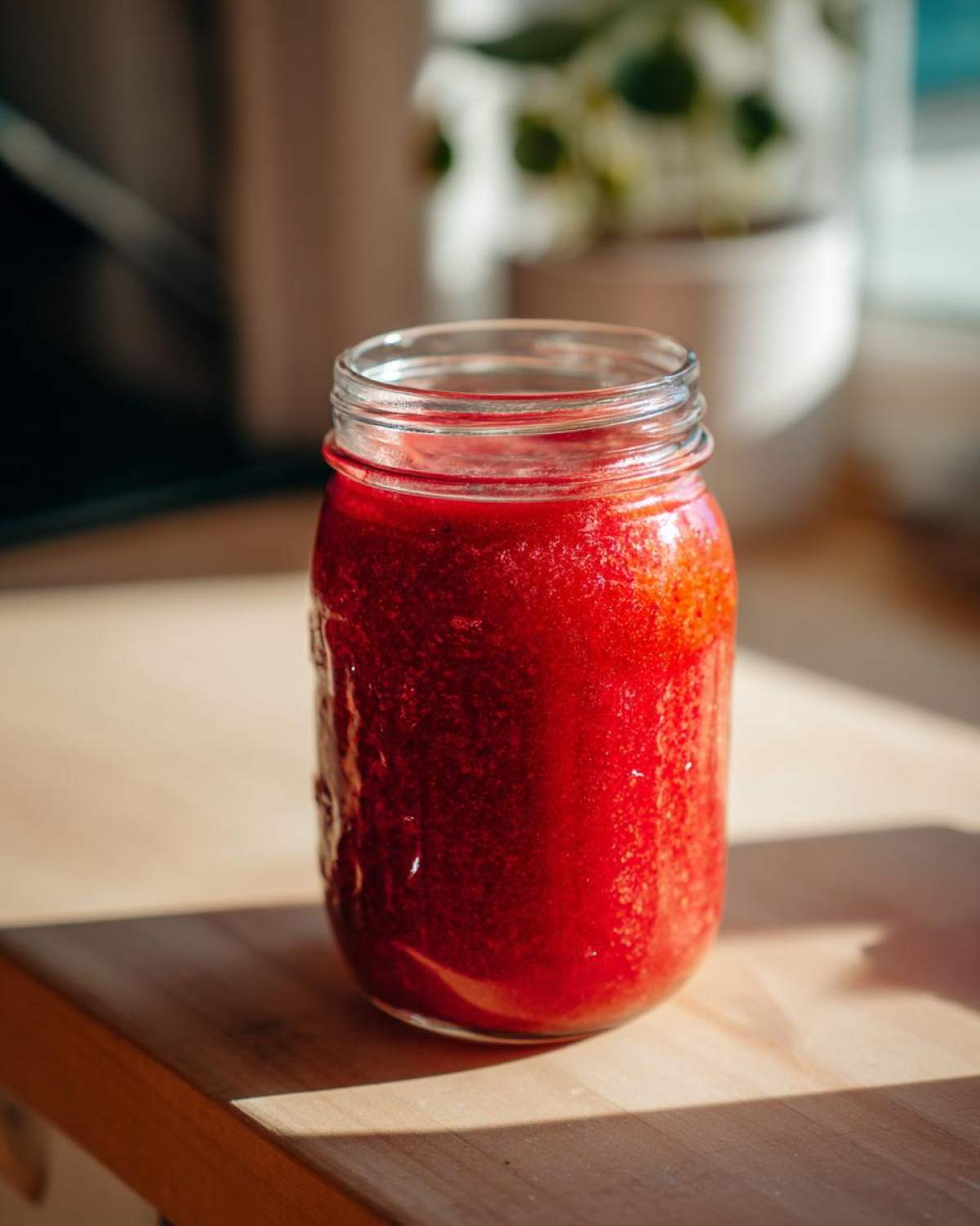 A glass mason jar filled with bright red Homemade Strawberry Lemonade Concentrate sitting on a wooden surface.