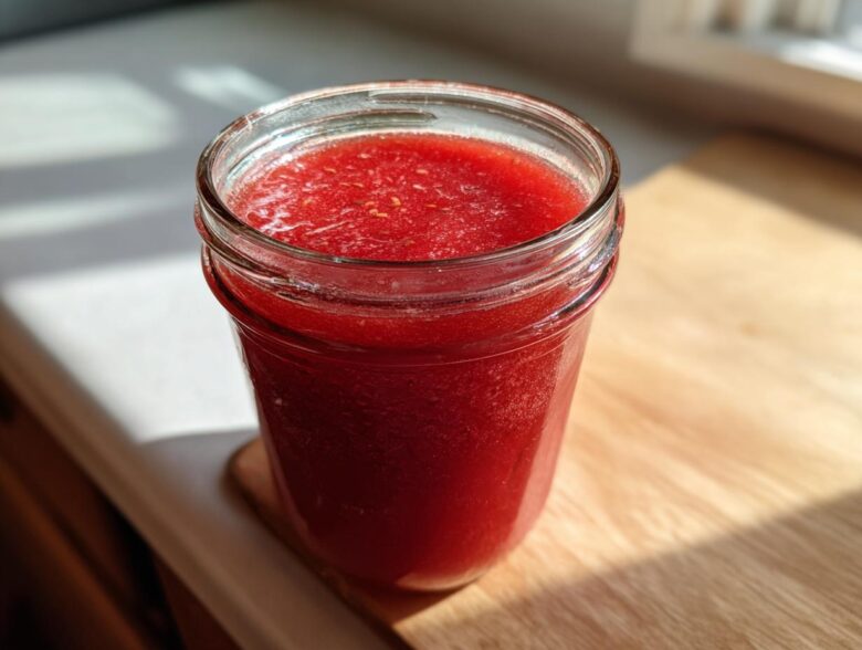A glass jar filled with bright red Homemade Strawberry Lemonade Concentrate sitting on a wooden counter.