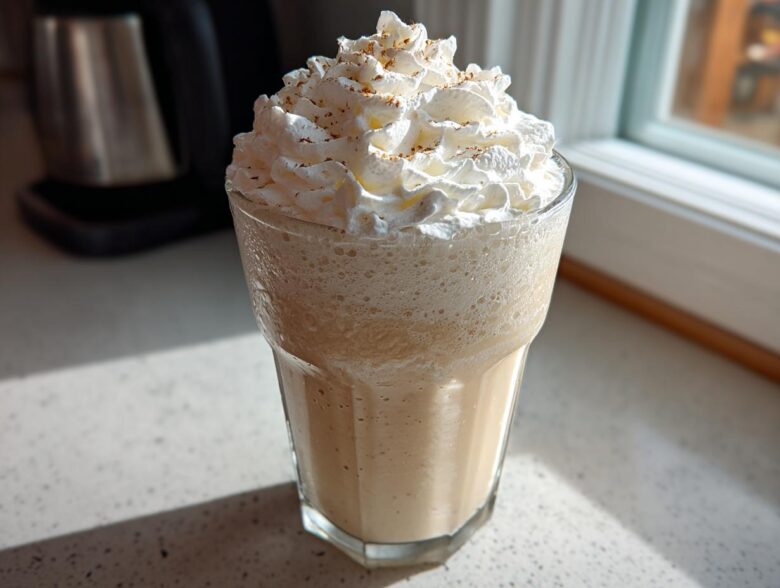 A tall glass of Homemade Vanilla Bean Frappuccino topped high with whipped cream and a sprinkle of spice.