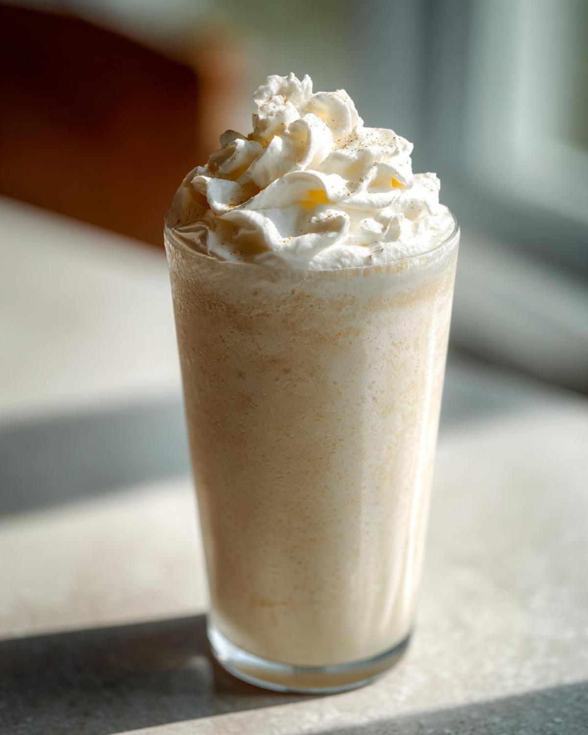 A tall glass of Homemade Vanilla Bean Frappuccino topped high with whipped cream and gold sprinkles.