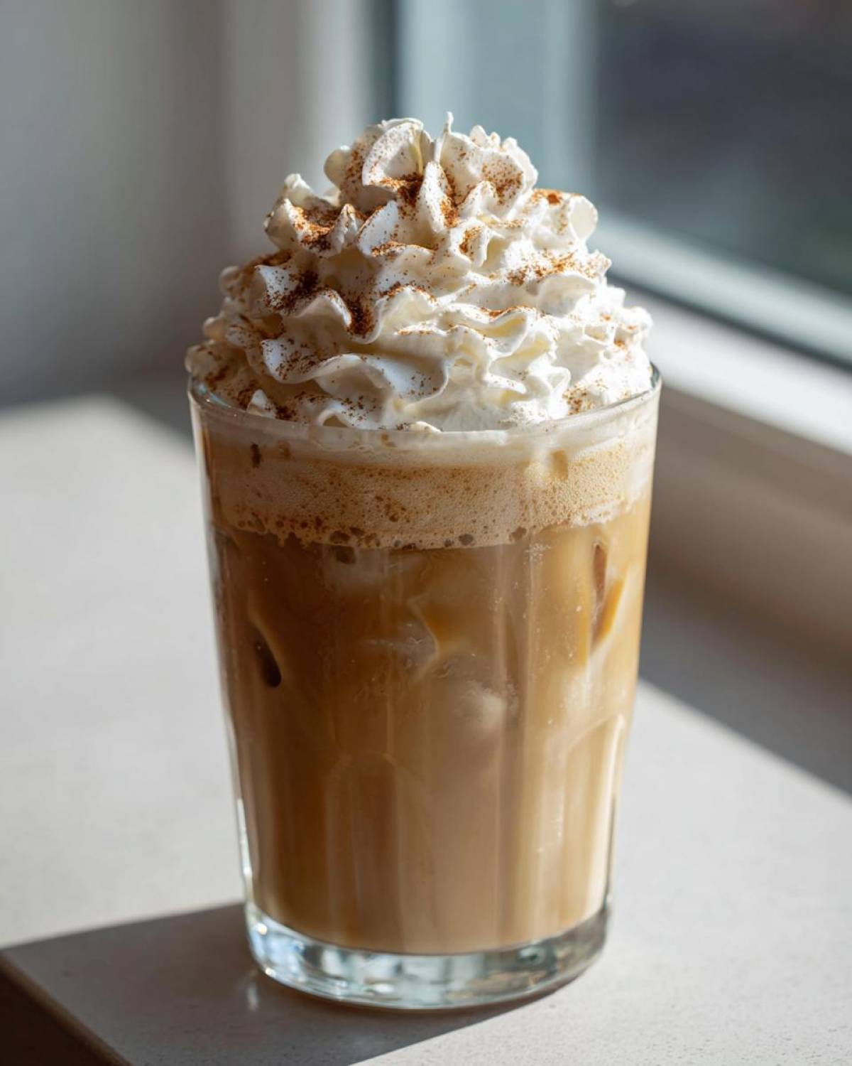 A tall glass of Homemade Vanilla Bean Frappuccino topped with whipped cream and cinnamon.