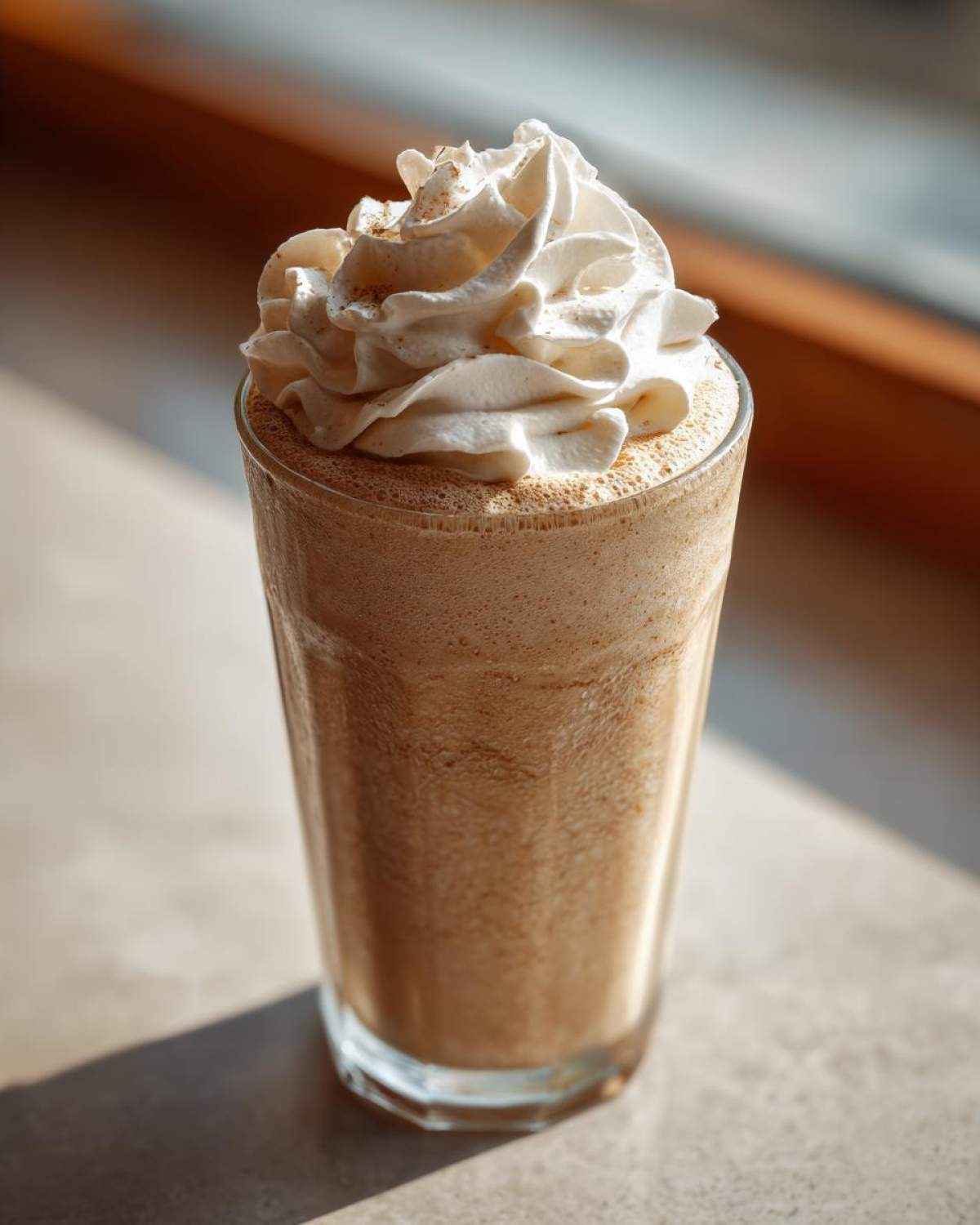 A tall glass of Homemade Vanilla Bean Frappuccino topped with a swirl of whipped cream and a dusting of spice.