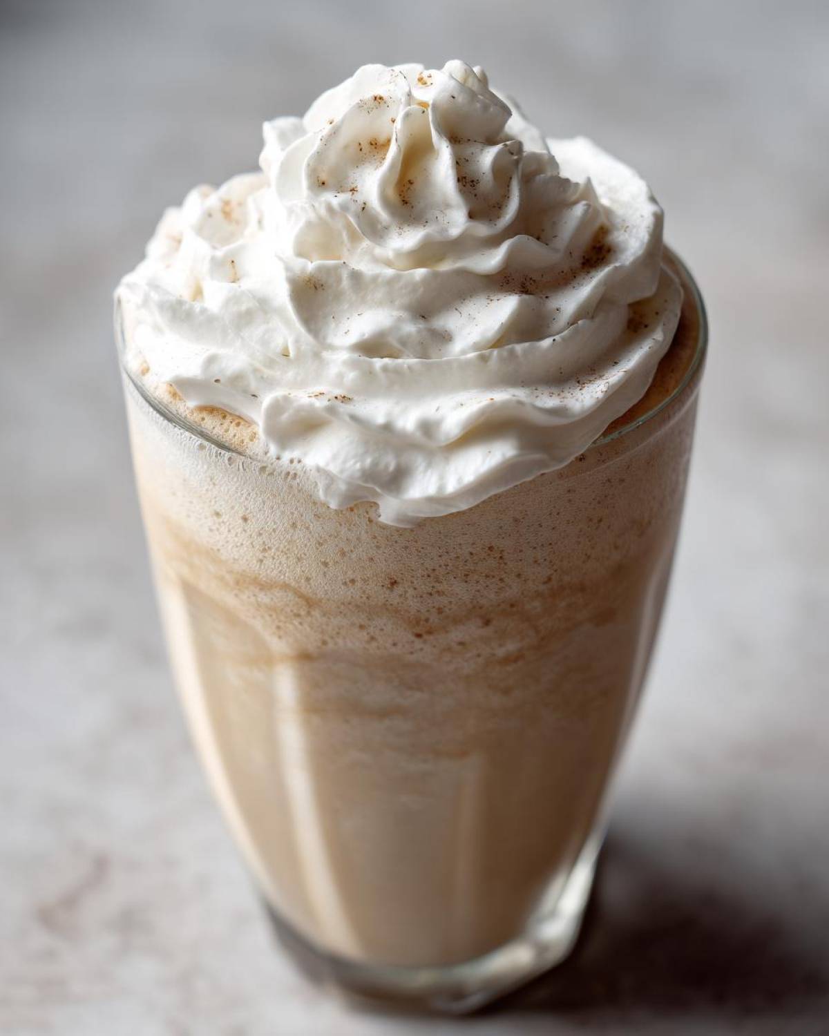 Close-up of a tall glass filled with a Homemade Vanilla Bean Frappuccino, topped with a swirl of whipped cream and a dusting of spice.