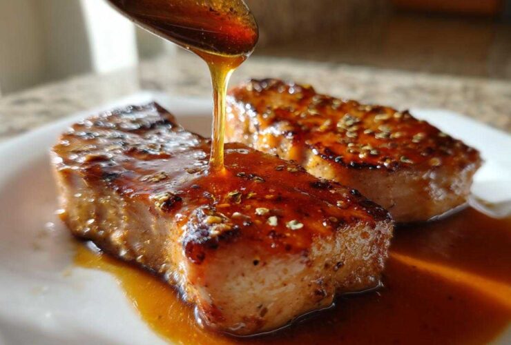 Close-up of a spoon drizzling thick, amber honey glaze over two perfectly seared Honey Glazed Ham Steak in the Skillet pieces.
