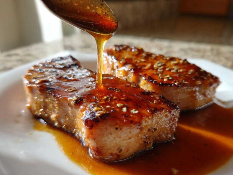 Close-up of a spoon drizzling thick, amber honey glaze over two perfectly seared Honey Glazed Ham Steak in the Skillet pieces.