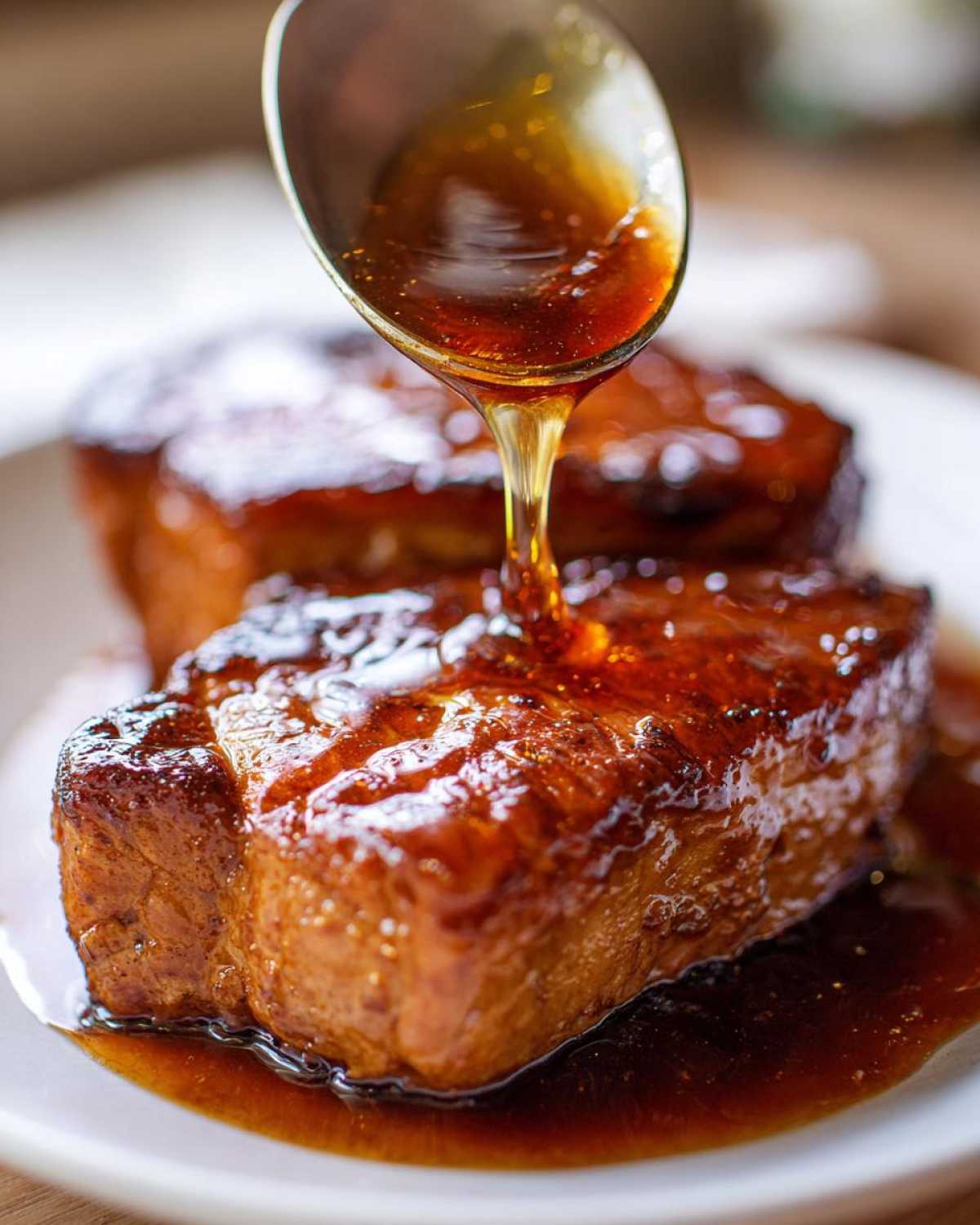 A spoonful of thick, amber honey glaze is being poured over a perfectly cooked Honey Glazed Ham Steak in the Skillet.