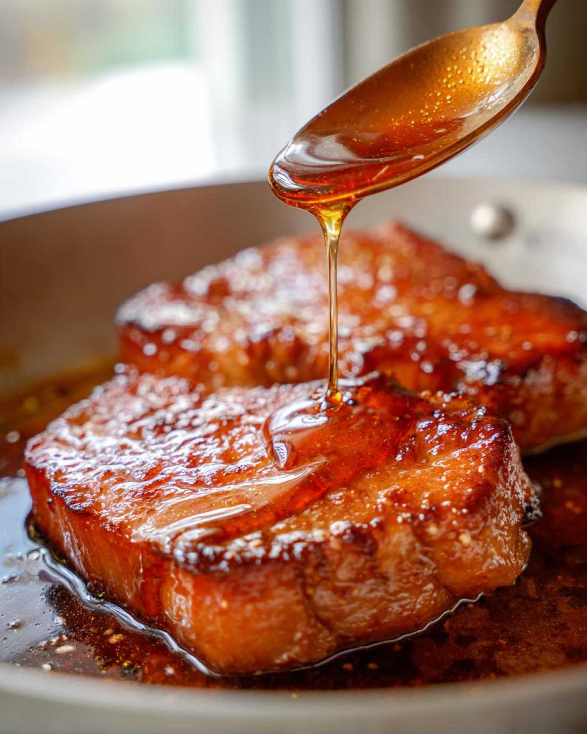 A spoonful of thick honey glaze is drizzled over seared Honey Glazed Ham Steak in a skillet.
