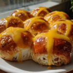 A plate of freshly baked Hot Cross Buns with Orange Glaze drizzled generously over the tops, glistening in the sunlight.