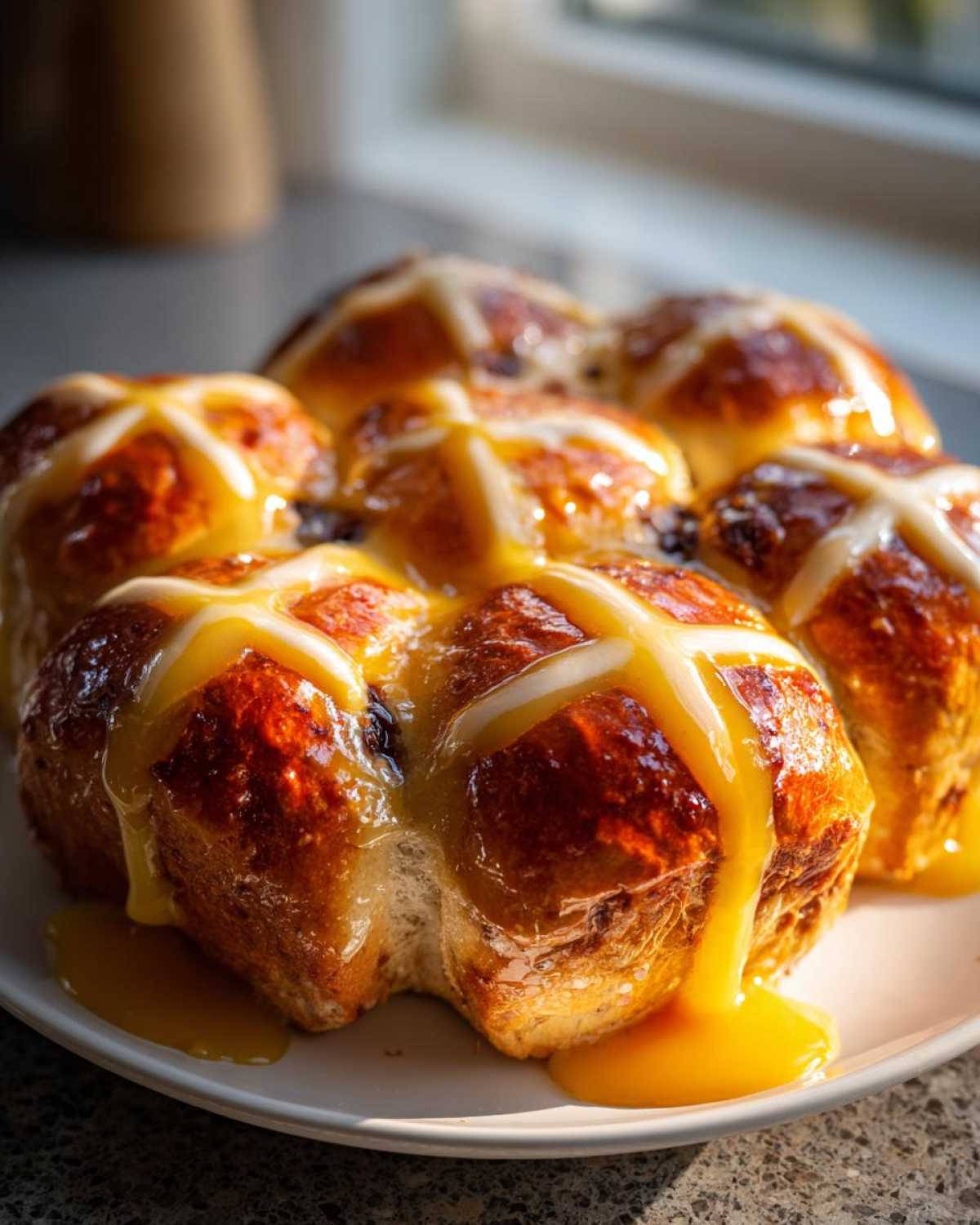 A close-up of several freshly baked Hot Cross Buns with Orange Glaze dripping down the sides onto a white plate.