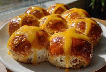 A plate of freshly baked Hot Cross Buns with Orange Glaze drizzled generously over the tops, glistening in the sunlight.