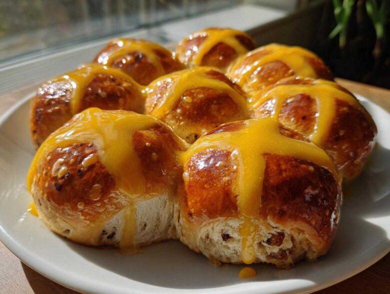 A plate of freshly baked Hot Cross Buns with Orange Glaze drizzled generously over the tops, glistening in the sunlight.