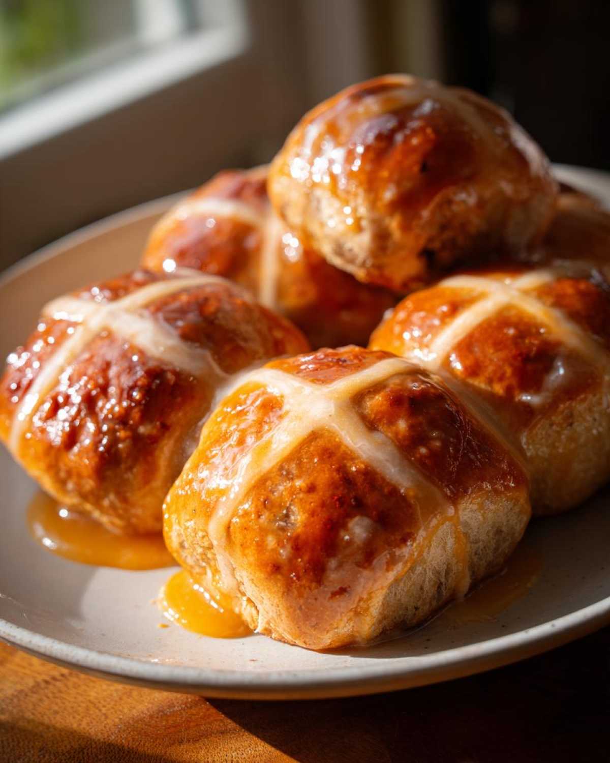 A close-up of several freshly baked Hot Cross Buns with Orange Glaze, glistening with a sticky orange syrup.