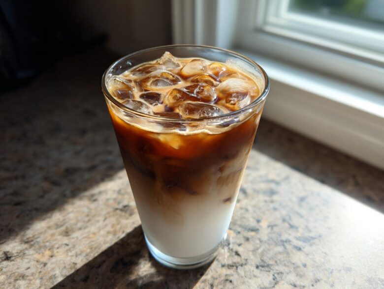 A tall glass of layered Iced Brown Sugar Oatmilk Latte with ice cubes, sitting on a countertop in sunlight.