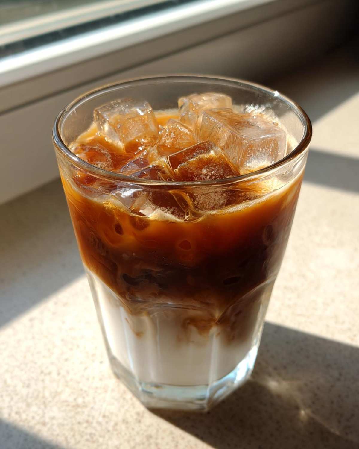 Close-up of a layered Iced Brown Sugar Oatmilk Latte with ice cubes settling over the oat milk base.