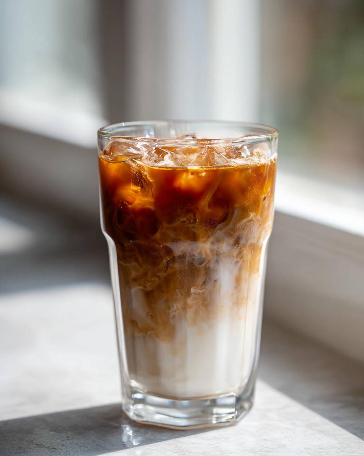 A tall glass of Iced Brown Sugar Oatmilk Latte showing rich espresso swirling into the white oat milk over ice.