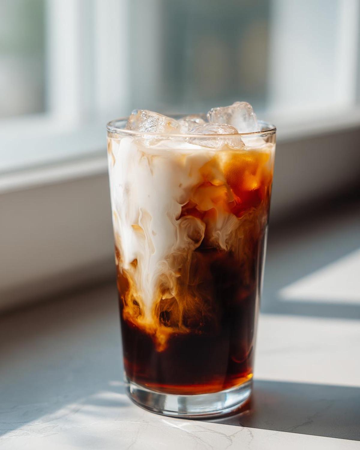 Close-up of an Iced Brown Sugar Oatmilk Latte with ice cubes, showing the oatmilk swirling into the dark coffee.