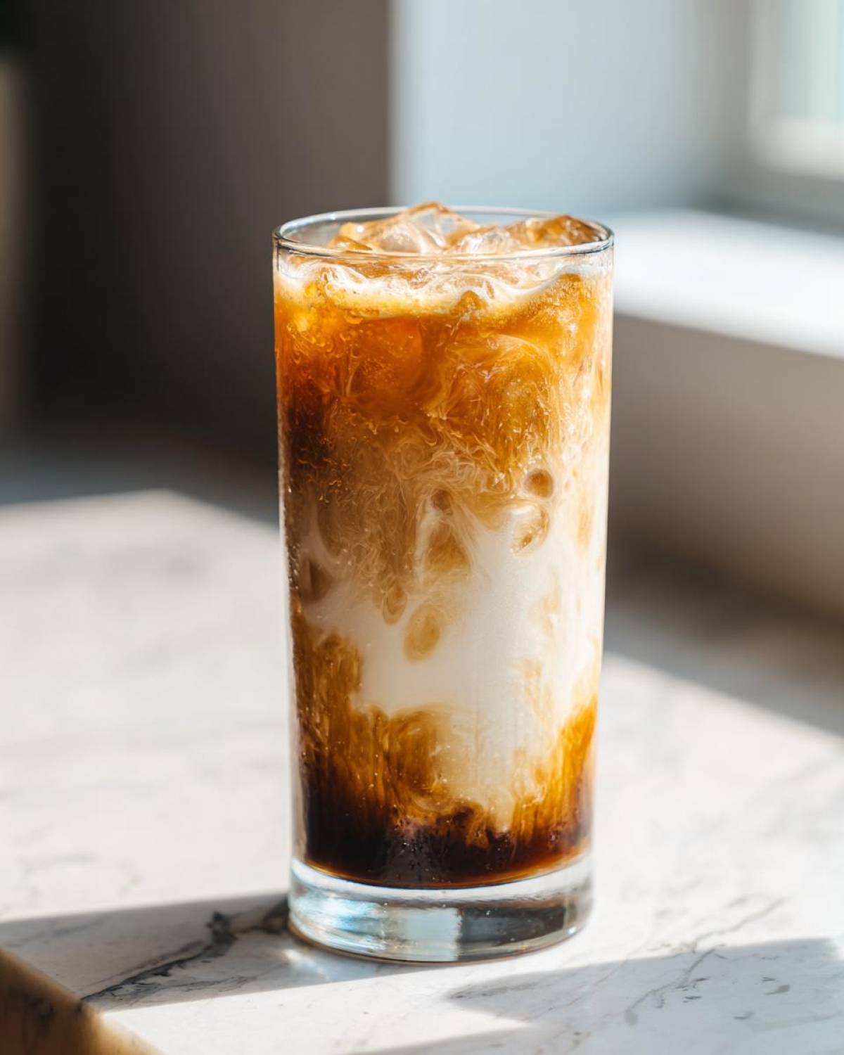 Close-up of a tall glass containing a perfectly layered Iced Brown Sugar Oatmilk Latte swirling with ice.