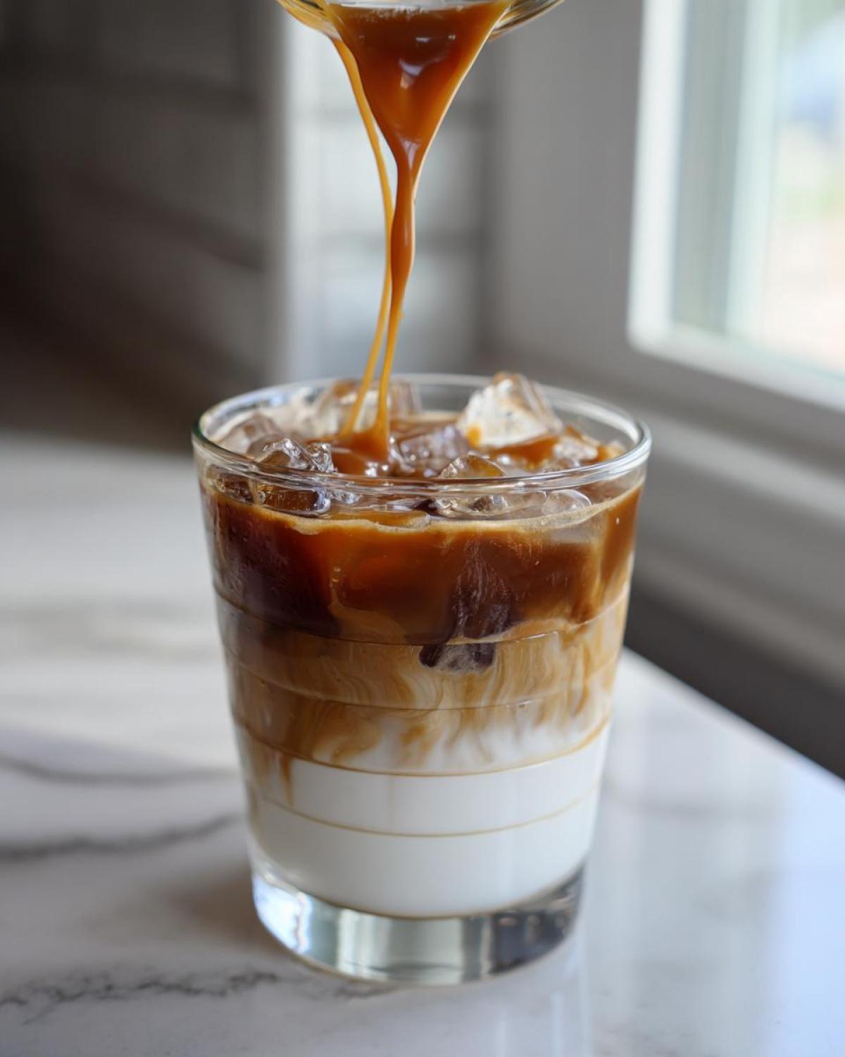 Caramel sauce being poured over ice cubes in a layered Iced Caramel Macchiato with milk and espresso.