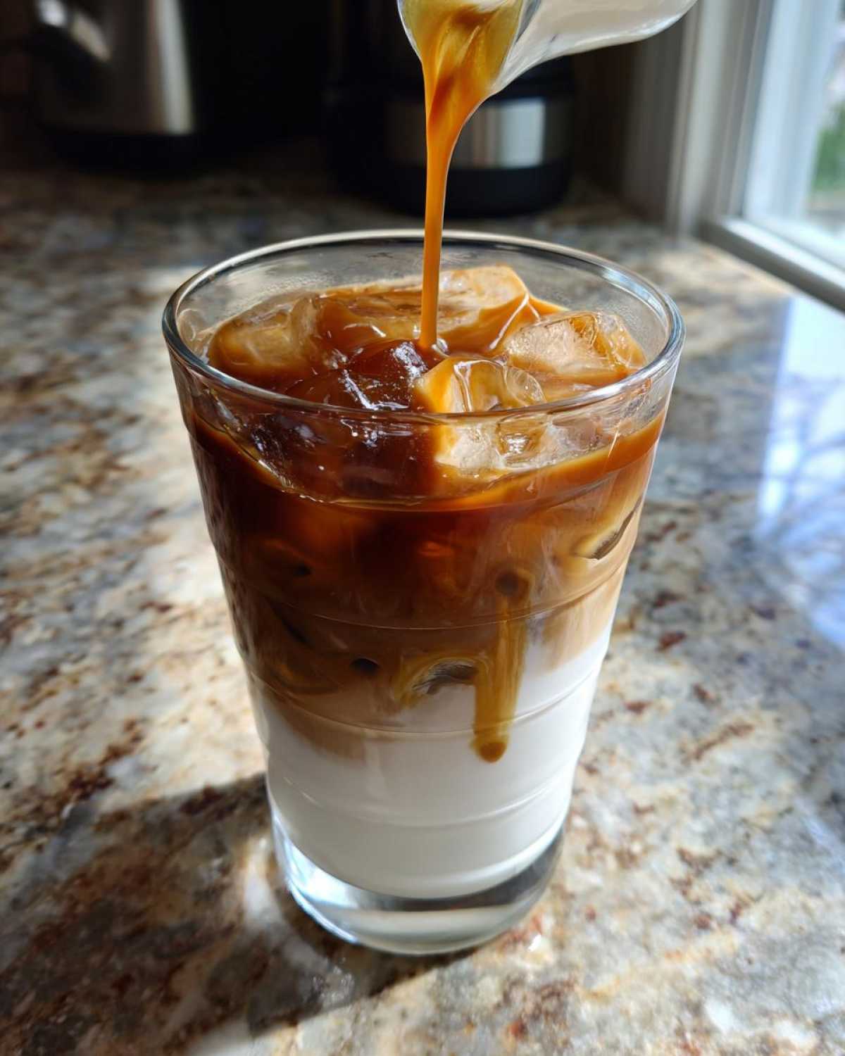 Espresso being poured over ice and milk to create an Iced Caramel Macchiato.