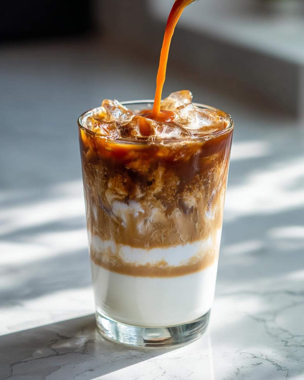 A stream of espresso is being poured over ice and milk layers to create an Iced Caramel Macchiato.