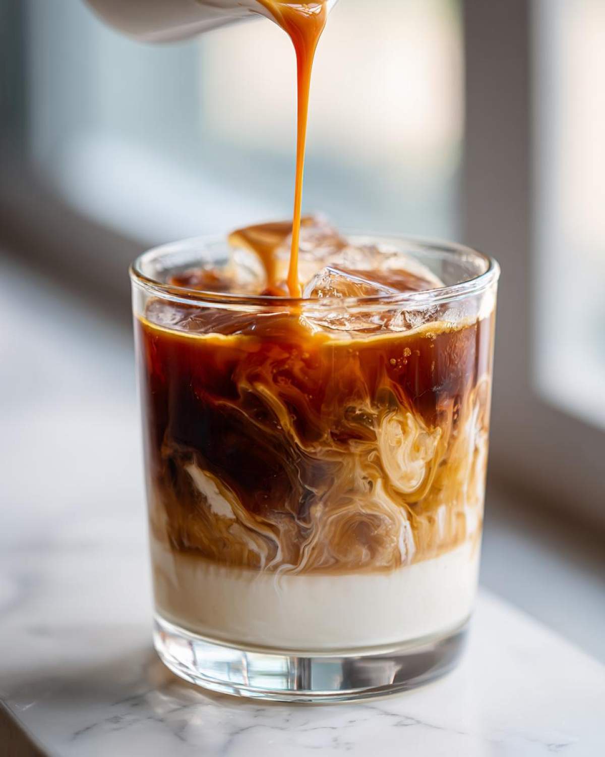 Close-up of espresso being poured over ice and milk to create an Iced Caramel Macchiato with beautiful swirling layers.