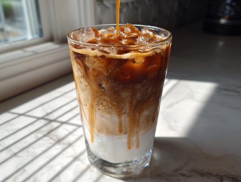 A tall glass being filled with espresso and caramel syrup over ice and milk to make an Iced Caramel Macchiato.