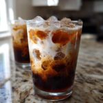 Close-up of a layered Iced Honey Almond Milk Latte with ice cubes and swirling almond milk.