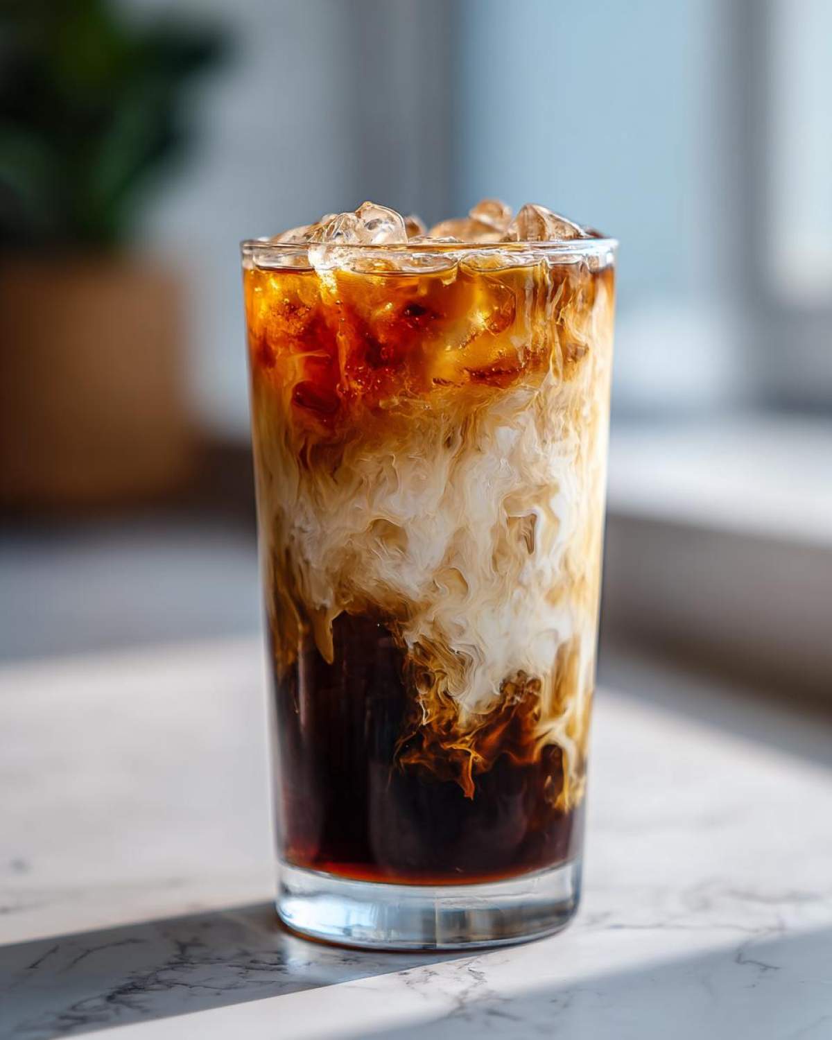 Close-up of an Iced Honey Almond Milk Latte showing beautiful swirling layers of dark coffee and creamy almond milk over ice.