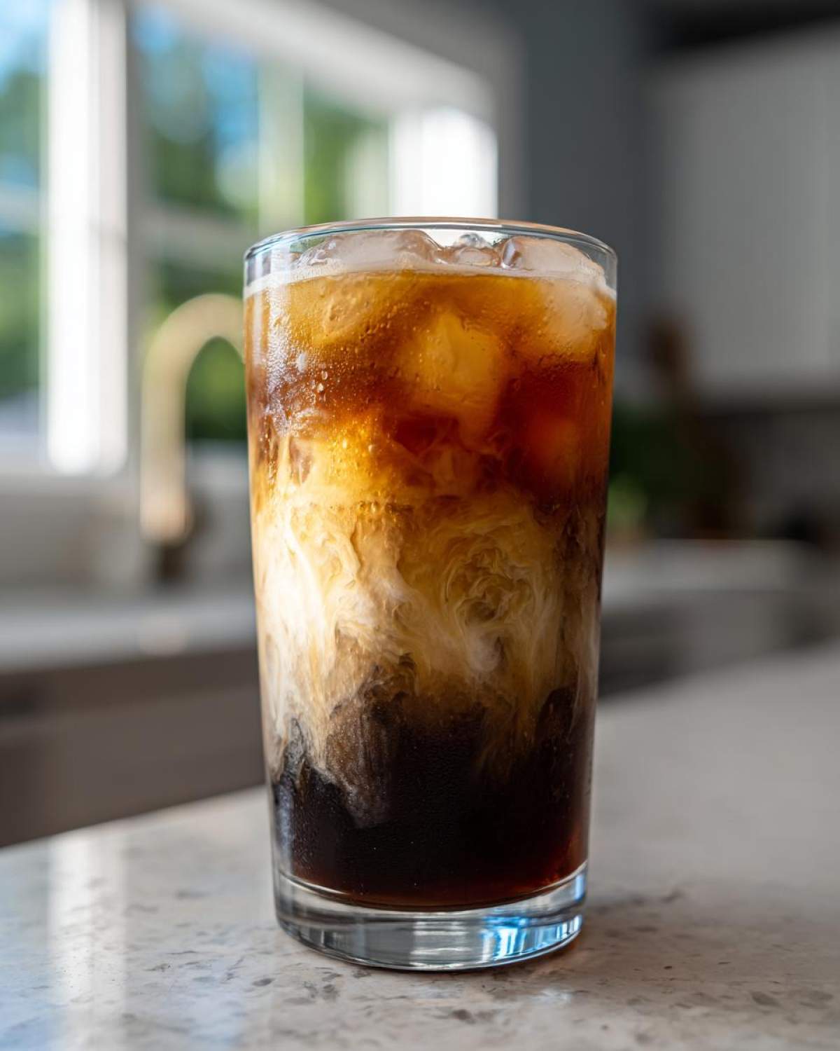 Close-up of an Iced Honey Almond Milk Latte showing rich dark coffee swirling with creamy almond milk over ice.