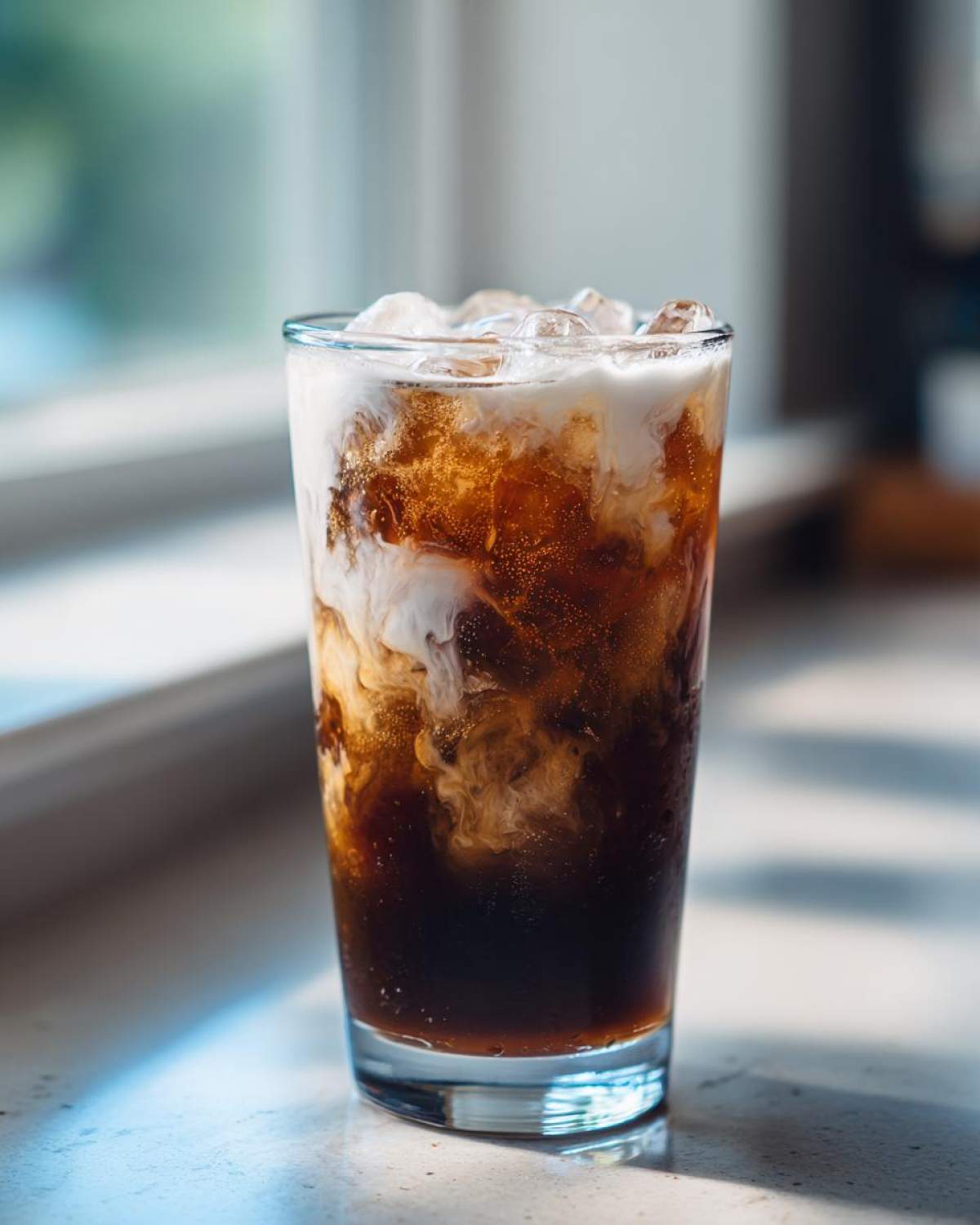 Close-up of an Iced Honey Almond Milk Latte with ice cubes and white almond milk swirling into dark coffee.