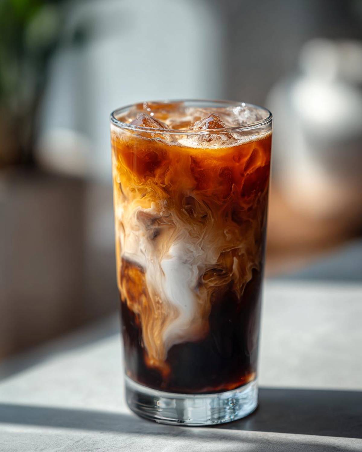 Close-up of an Iced Honey Almond Milk Latte showing dark coffee swirling dramatically with white almond milk over ice cubes.