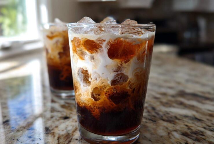 Close-up of a layered Iced Honey Almond Milk Latte with ice cubes and swirling almond milk.