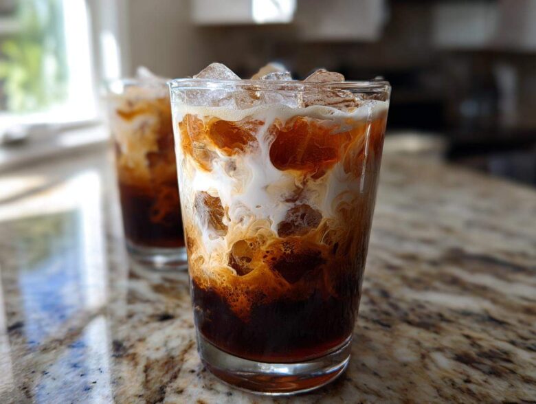 Close-up of a layered Iced Honey Almond Milk Latte with ice cubes and swirling almond milk.