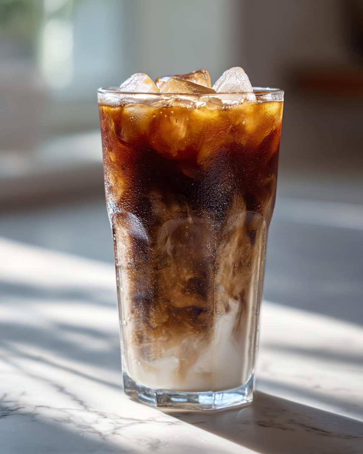 Close-up of a tall glass containing an Iced Lavender Latte with swirling milk and dark coffee over ice.