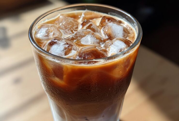 Close-up of a tall glass filled with an Iced Lavender Latte, showing layers of milk, espresso, and ice cubes.