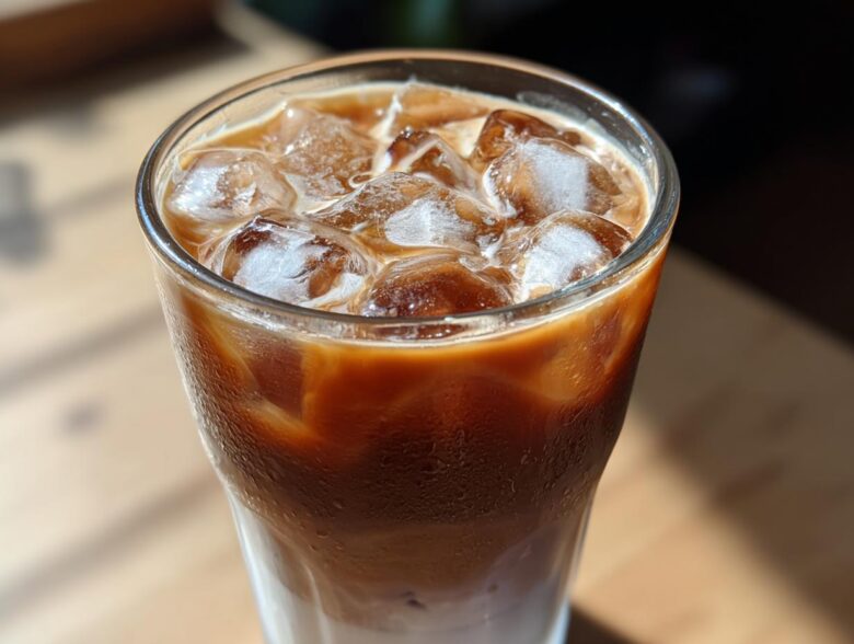 Close-up of a tall glass filled with an Iced Lavender Latte, showing layers of milk, espresso, and ice cubes.
