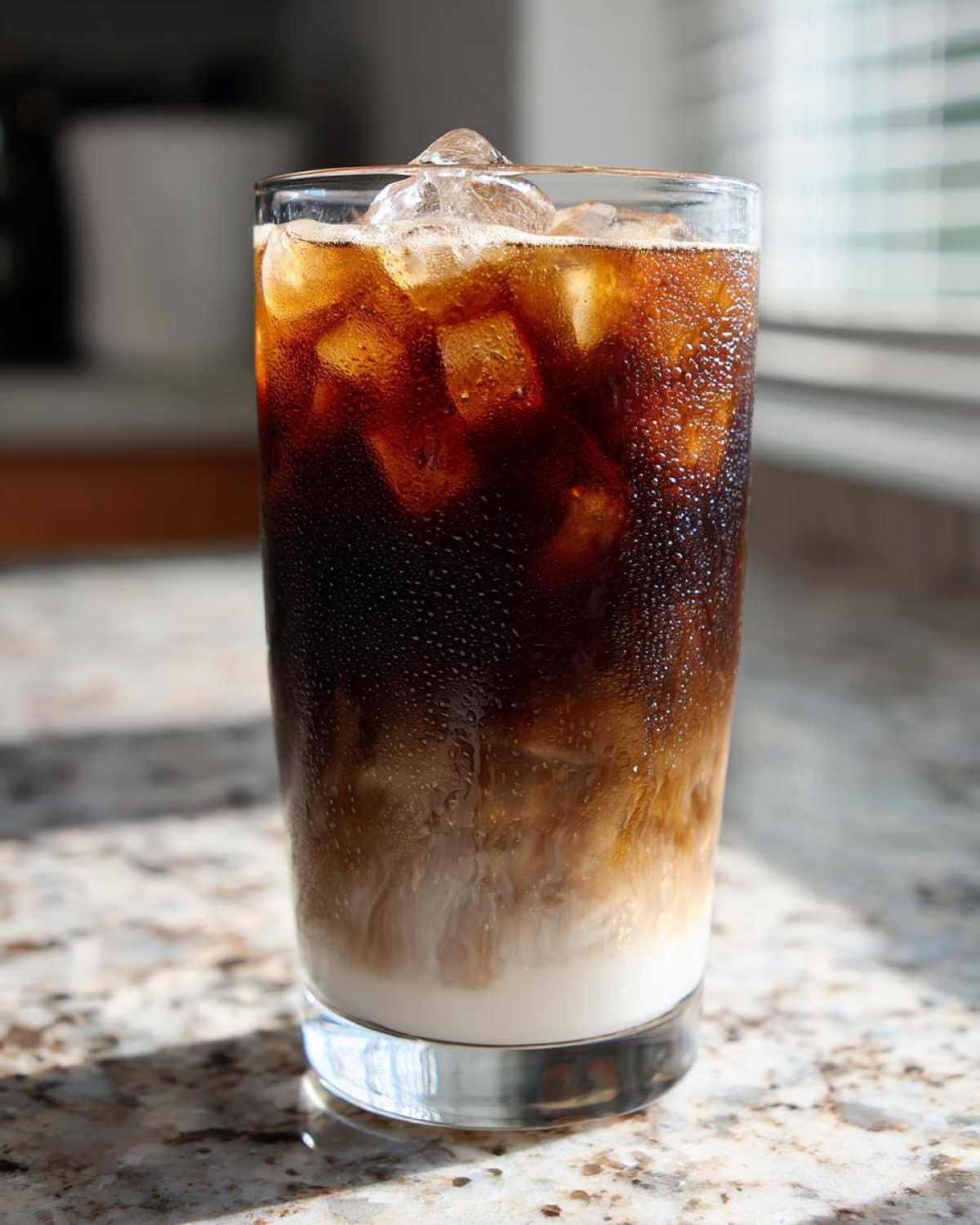 Close-up of a tall glass showing the layered separation of milk and coffee for an Iced Lavender Latte.