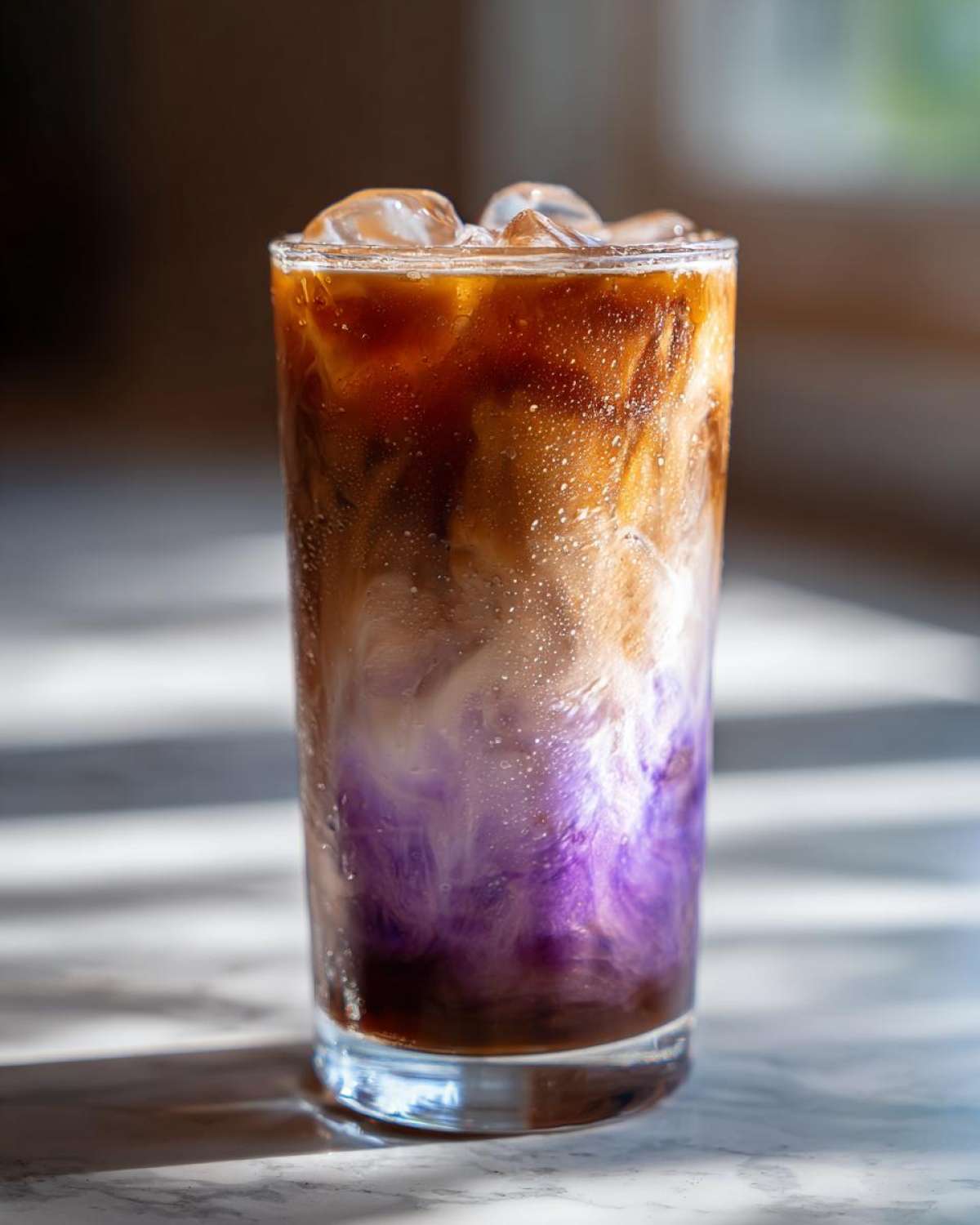 Close-up of a tall glass containing an Iced Lavender Latte, showing distinct layers of purple syrup, milk, and dark espresso over ice.