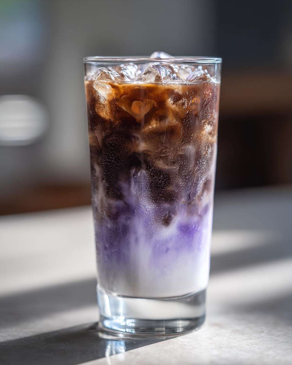 Close-up of a tall glass containing a layered Iced Lavender Latte with purple syrup, milk, and dark espresso over ice.