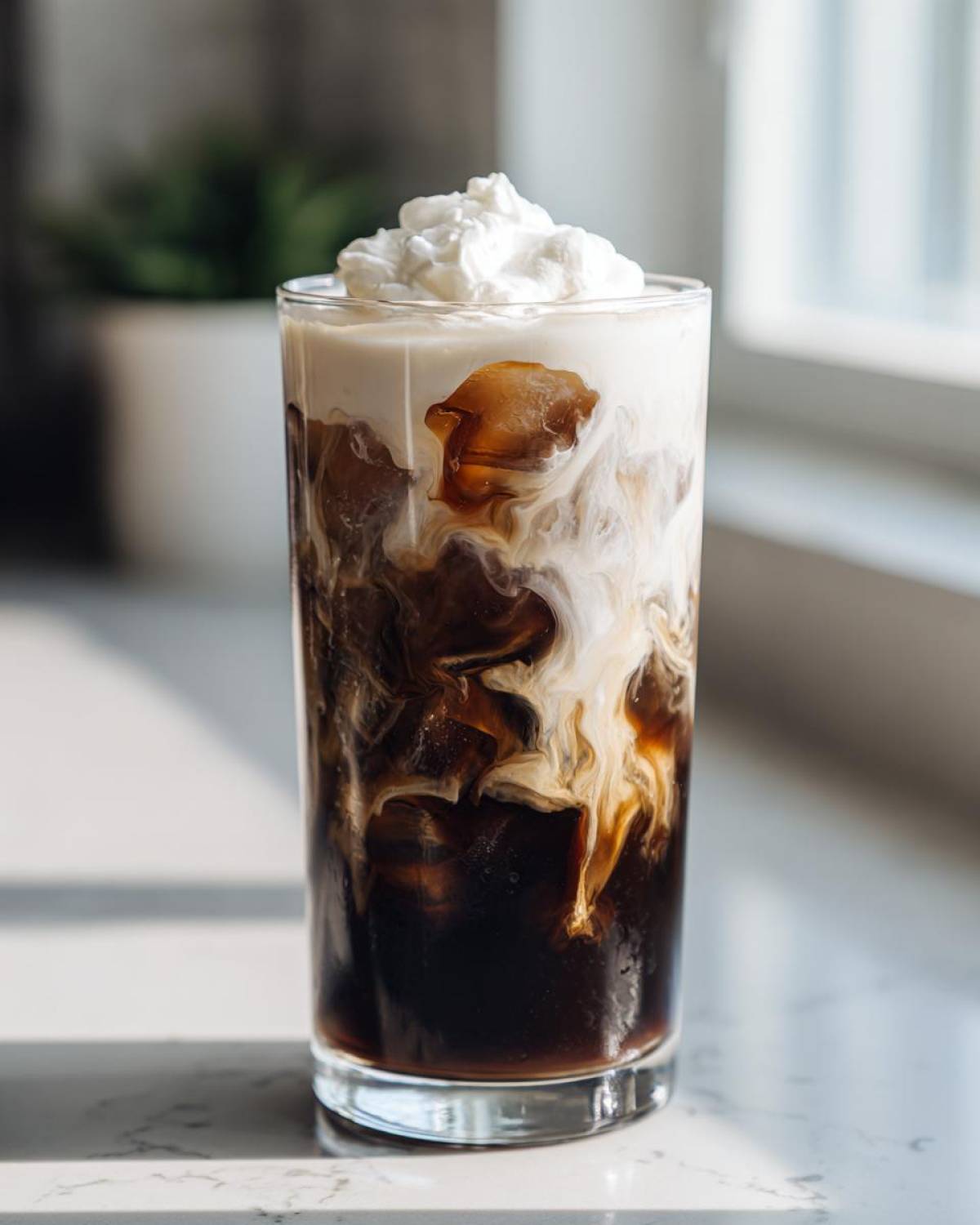A tall glass of Iced Mocha showing rich dark coffee swirling with cream and topped with whipped cream.