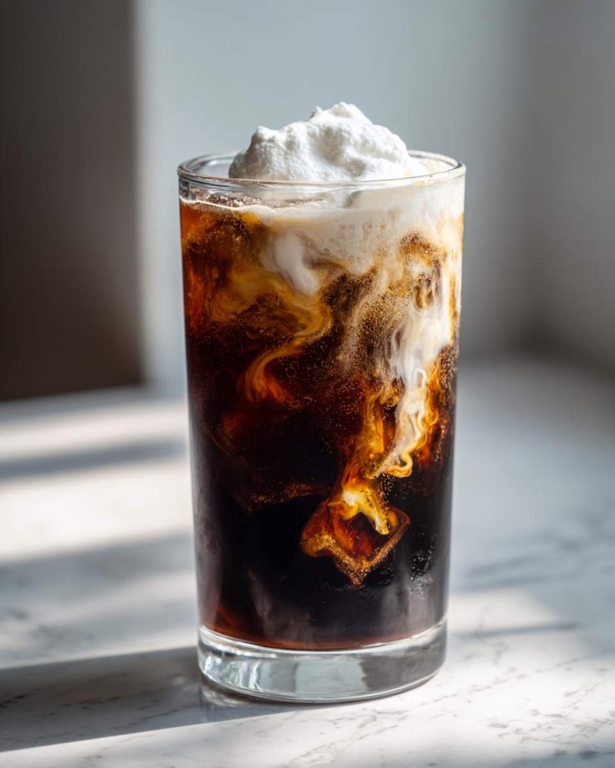 Close-up of a tall glass containing a dark Iced Mocha with cream swirling into the coffee and topped with whipped cream.