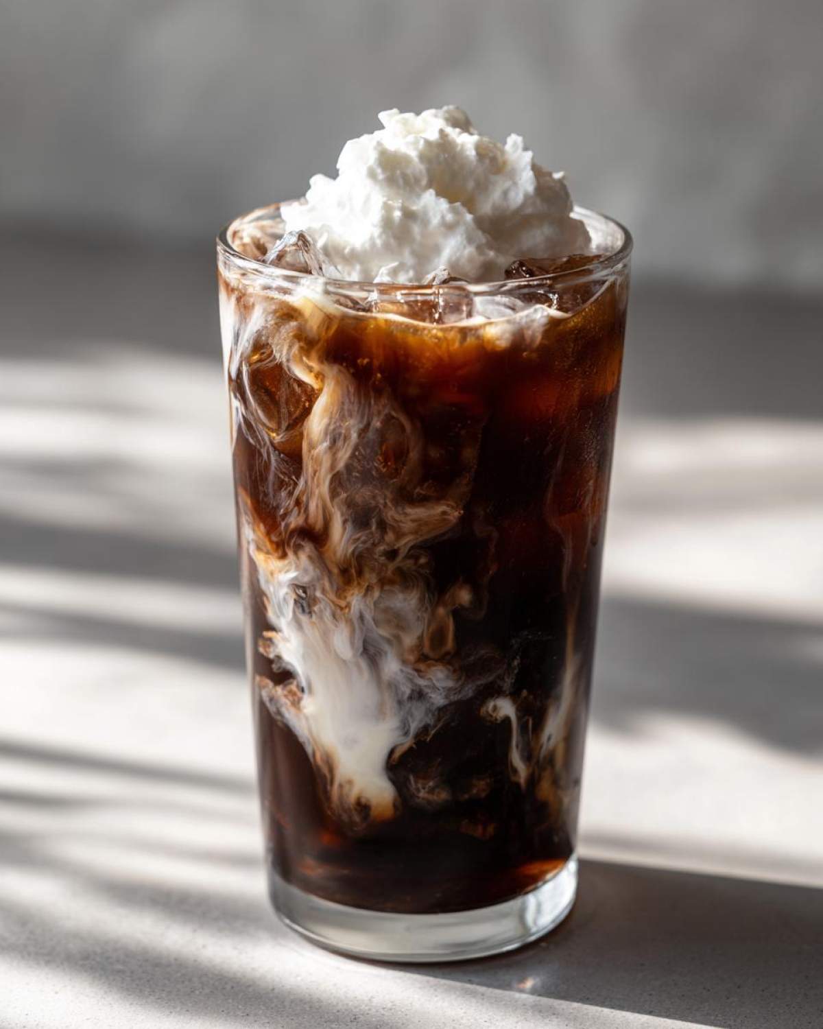 A tall glass of Iced Mocha showing swirls of cream mixing with dark coffee and topped with whipped cream.