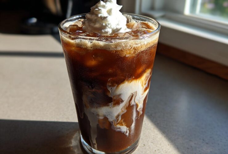 A tall glass of rich Iced Mocha with swirling cream and topped with whipped cream.
