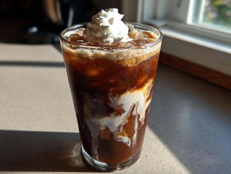 A tall glass of rich Iced Mocha with swirling cream and topped with whipped cream.