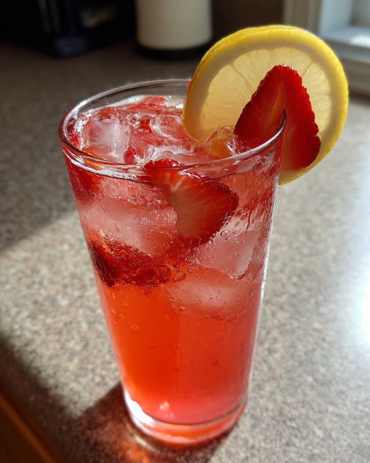 Close-up of a tall glass filled with Iced Strawberry Lemon Tea, ice, and garnished with a lemon slice and strawberry.